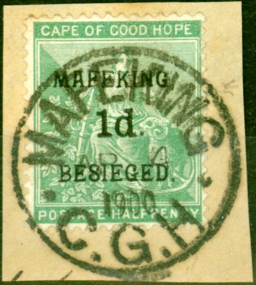 Rare Postage Stamp from Mafeking 1900 1d on 1/2d Green SG1 Very Fine Used on Piece
