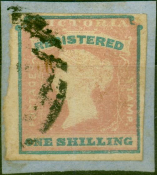 Old Postage Stamp Victoria 1854 1s (Registered) Rose-Pink & Blue SG34 3rd Ptg Pos 13 Fine Used on Small Piece