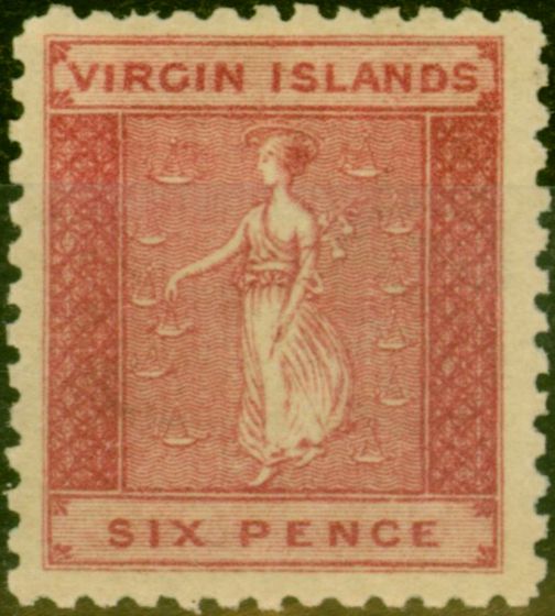 Rare Postage Stamp from Virgin Islands 1866 6d Rose-Red SG7Var Doubled Line S of Paper Makers Wmk