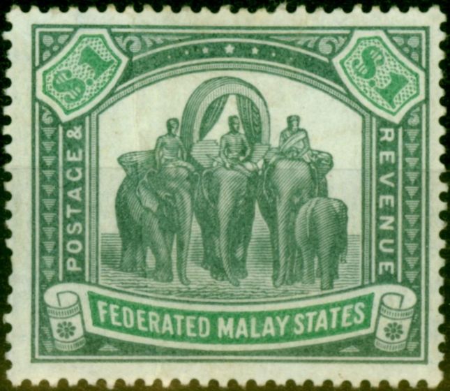 Rare Postage Stamp from Fed of Malay States 1900 $1 Green & Pale Green SG23 Good Mtd Mint