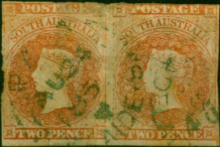 South Australia 1858 2d Orange-Red SG7 Good Used Pair. Queen Victoria (1840-1901) Used Stamps