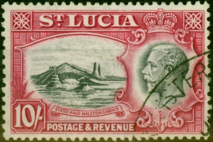 Rare Postage Stamp from St Lucia 1936 10s Black & Carmine SG124 V.F.U