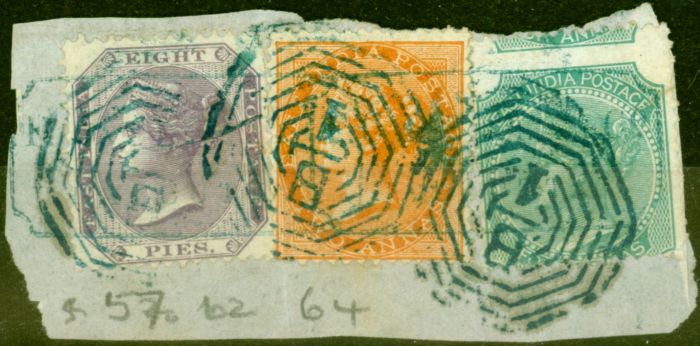 Old Postage Stamp from India 1865 SG57, 62 & 64 on Piece Good Used