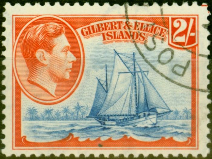 Rare Postage Stamp from Gilbert & Ellice Islands 1939 2s Dp Ultramarine & Orange-Red SG52 V.F.U