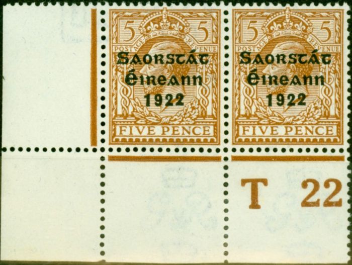 Valuable Postage Stamp from Ireland 1922 5d Yellow-Brown SG59 Fine Mtd Mint Control T22 Pair