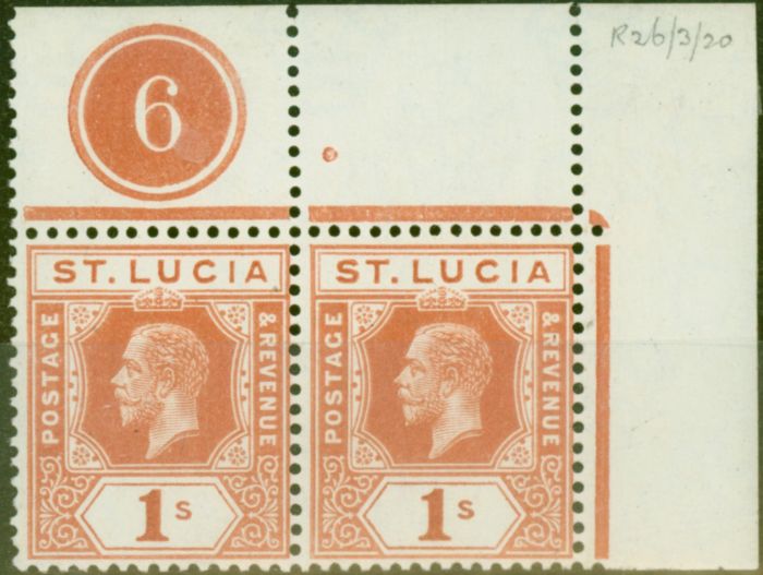 Collectible Postage Stamp from St Lucia 1920 1s Orange-Brown SG86 Fine MNH Pl 6 Corner Pair