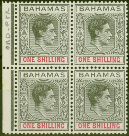 Valuable Postage Stamp from Bahamas 1944 1s Grey-Black & Brt Crimson SG155c Ord Paper Fine MNH Block of 4