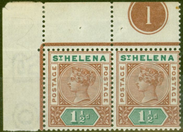 Collectible Postage Stamp from St Helena 1890 1 1/2d Red-Brown & Green SG48 Fine MNH Pl1 Corner Pair