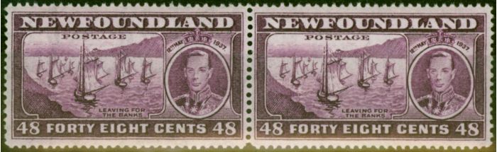Valuable Postage Stamp Newfoundland 1937 48c Slate-Purple SG267ca Line Perf 13.5 Pair With & Without Wmk Fine MNH (2)