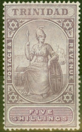 Rare Postage Stamp from Trinidad 1907 5s Dp Purple & Mauve SG144 Fine Mtd Mint (2)