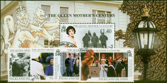 Old Postage Stamp from Falkland Islands 1999 Queen Mother Century Set of 5 SG843-MS847 V.F.U