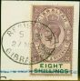 Old Postage Stamp from Gibraltar 1912 8s Dull Purple & Green SG34 V.F.U on Large Registered Piece