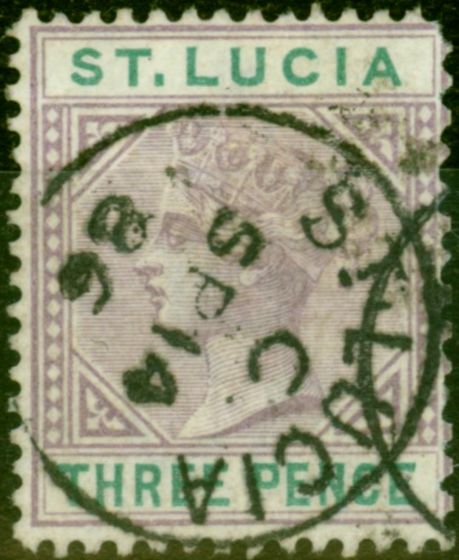 Rare Postage Stamp from St Lucia 1886 3d Dull Mauve & Green SG40 Good Used