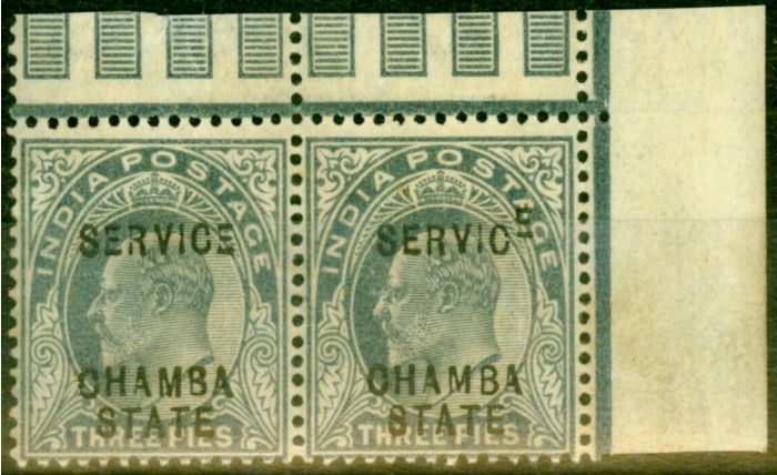Old Postage Stamp from Chamba State 1905 3p Slate-Grey SG023var Raised E of Service Fine Mtd Mint Pair