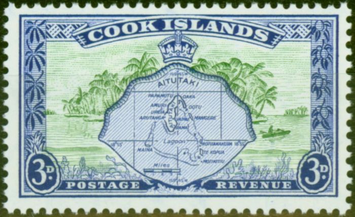Valuable Postage Stamp Cook Islands 1961 3d Green & Ultramarine SG153b Wmk Sideways Very Fine MNH