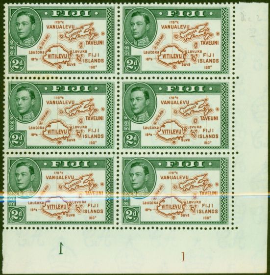 Old Postage Stamp Fiji 1941 2d Brown & Green SG254 Die II Very Fine MNH Block of 6