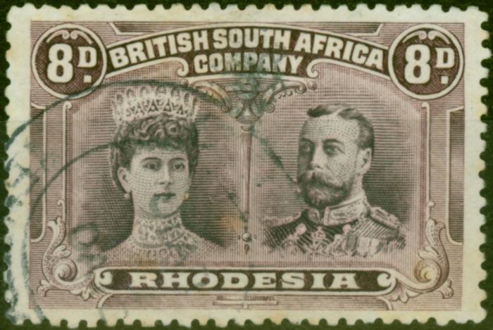 Rare Postage Stamp Rhodesia 1910 8d Grey Purple & Dull Purple SG185a P.13.5 Fine Used Forged Cancel