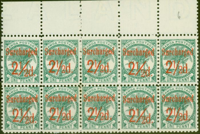 Valuable Postage Stamp from Samoa 1899 2 1/2d on 1d Bluish Green SG84 V.F MNH Block of 10