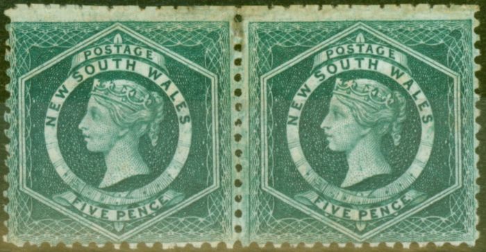 Rare Postage Stamp from N.S.W 1885 5d Blue-Green SG233d P.11 x 12 Ave Mtd Mint Pair