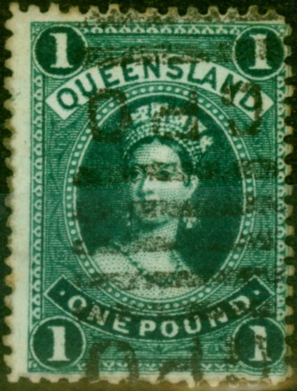 Rare Postage Stamp Queensland 1895 £1 Deep Green SG165a 'Re-Entry' Fine Used