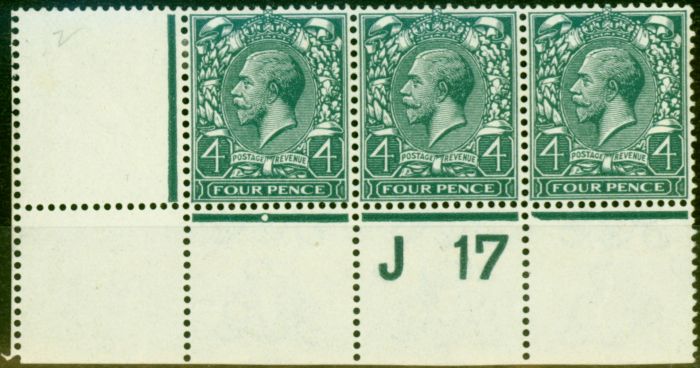 Valuable Postage Stamp from GB 1913 4d Deep Grey-Green SG378 Fine Mtd Mint Control J17 Marginal Strip of 3