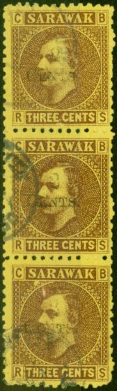 Old Postage Stamp Sarawak 1899 2c on 3c Brown-Yellow SG32a 'Stop after Three' Good Used Strip of 3